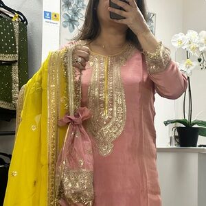 DESIGNER EMBROIDERED BLUSH PINK AND YELLOW SHARARA SET